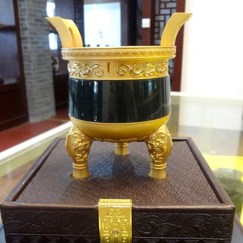 正品a货和田玉盛世国鼎金属鎏金 青玉鼎工艺礼品 玉鼎摆件香炉